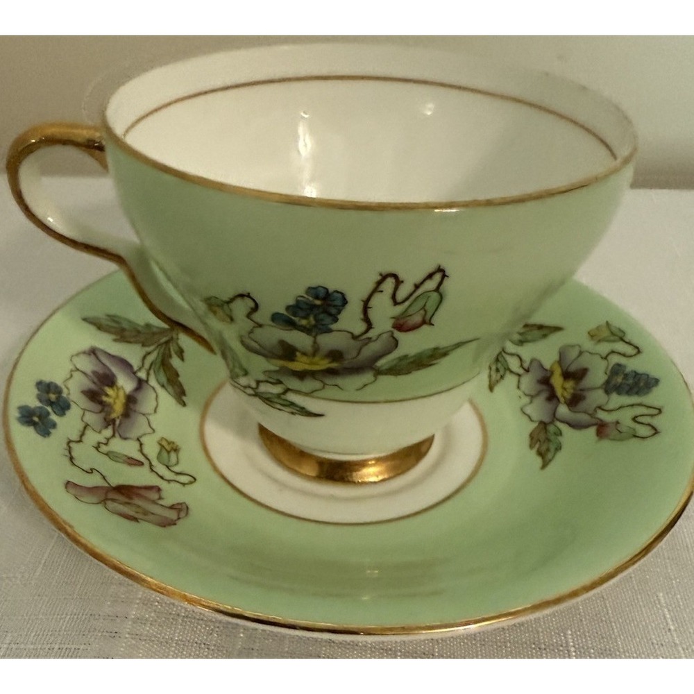 VINTAGE TAYLOR & KENT TEA CUP &‎ SAUCER FLORAL MINT GREEN GOLD TRIM ENGLAND